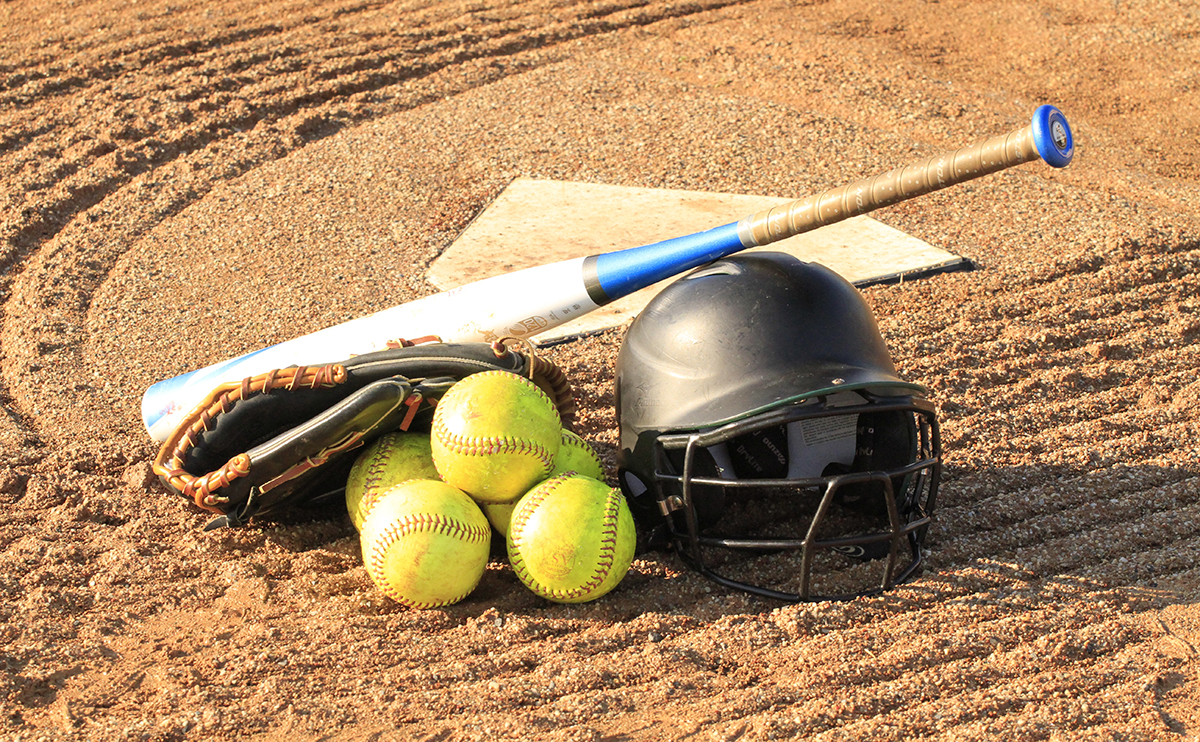Softballs, bat, glove and helmet