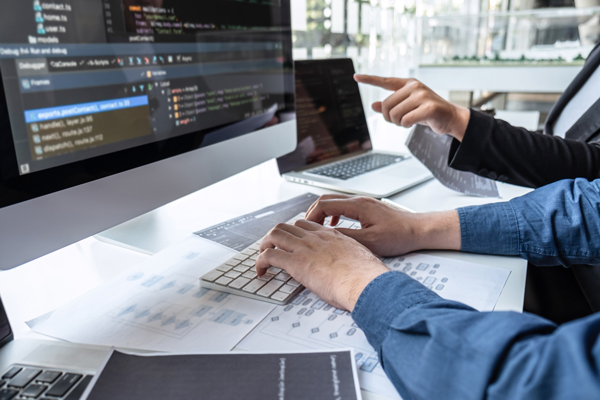 Two coworkers developing software on computer